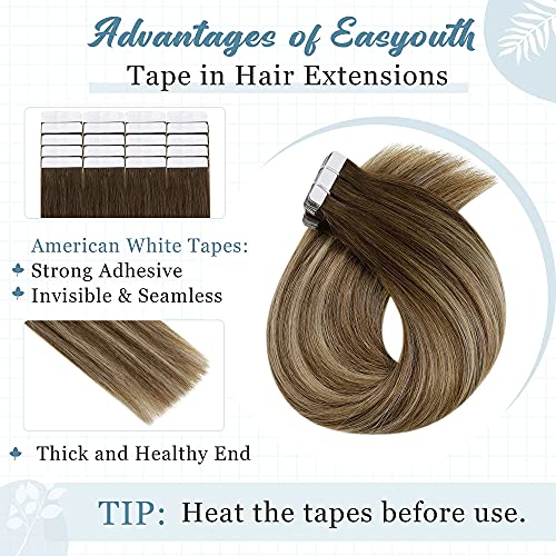 Easyouth Extensiones De Pelo Natural Adhesivas 14pulgada 40g Color Castaño Medio Mezcla Rubio Miel y Castaño Medio Remy Invisible Tape Extensiones de Pelo Humano