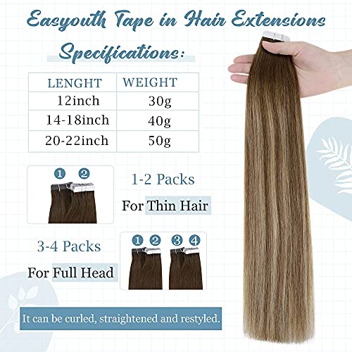 Easyouth Extensiones De Pelo Natural Adhesivas 14pulgada 40g Color Castaño Medio Mezcla Rubio Miel y Castaño Medio Remy Invisible Tape Extensiones de Pelo Humano