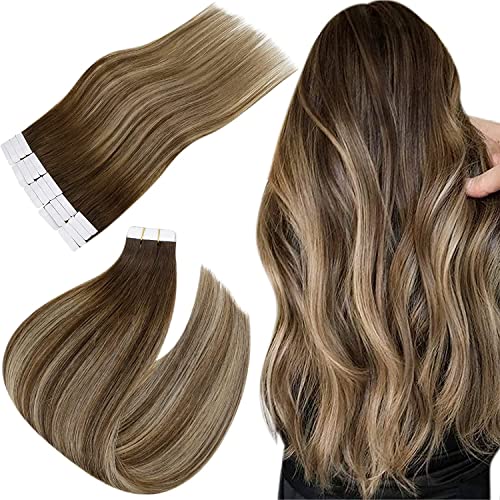 Easyouth Extensiones De Pelo Natural Adhesivas 14pulgada 40g Color Castaño Medio Mezcla Rubio Miel y Castaño Medio Remy Invisible Tape Extensiones de Pelo Humano