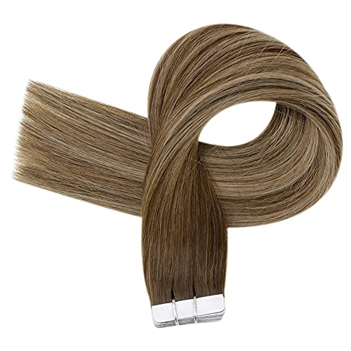 Easyouth Extensiones De Pelo Natural Adhesivas 14pulgada 40g Color Castaño Medio Mezcla Rubio Miel y Castaño Medio Remy Invisible Tape Extensiones de Pelo Humano