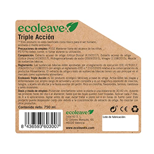 ECOLEAVEX Triple Acción, Protege Tus Plantas Frente a Insectos, Acaros y Hongos, ECOLOGICO, 100% Natural y Residuo Zero. (Spray Pulverizador 750 ml.)