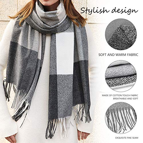 ECOMBOS Bufanda de tartán de invierno para mujer de lana cálida [Estilo británico] con borla giratoria [Tartán gris + blanco - Medio]