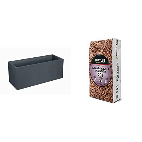Eda Jardinera De Plástico Volcania %22Decoración De Piedra%22 Gris Antracita - 99.5 X 39 X 43 + Battle - Sustrato Bolas Arcilla Expandida 20L. -