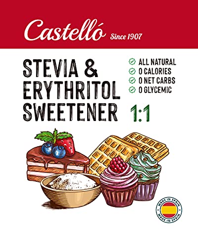 Edulcorante Stevia + Eritritol 1:1 - Granulado - Sustituto del Azúcar 100% natural - Hecho en España - Keto y Paleo - Castello since 1907 (1g = 1g de Azúcar (1:1), Bote 1 kg)