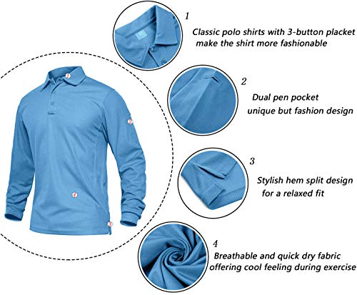 EKLENTSON Hombre Camisas - Polos de Golf de Manga Larga Casuales y Ligeros Camisas de Deporte Militar Cielo Azul Talla 3XL