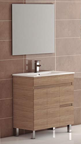 EL ALMACEN DEL PROFESIONAL Juego de Mueble de Baño Modelo Egipto Porcelana, Conjunto formado por Mueble de Baño Estilo Madera Color Cambrian Ancho 100cm, Lavabo de Porcelana y Espejo a Juego