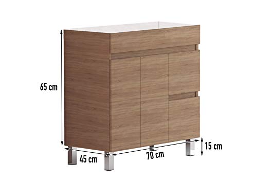 EL ALMACEN DEL PROFESIONAL Juego de Mueble de Baño Modelo Egipto Porcelana, Conjunto formado por Mueble de Baño Estilo Madera Color Cambrian Ancho 70cm, Lavabo de Porcelana y Espejo a Juego