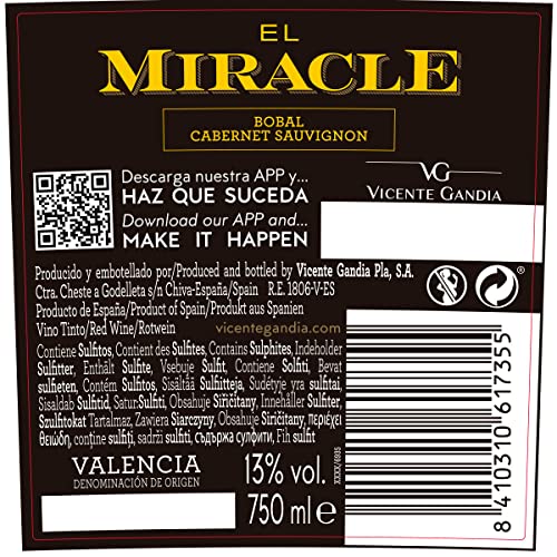 El Miracle Nº 1 Vino Tinto D.O. Valencia Bobal Cabernet Sauvignon 6 Botellas - 750 ml