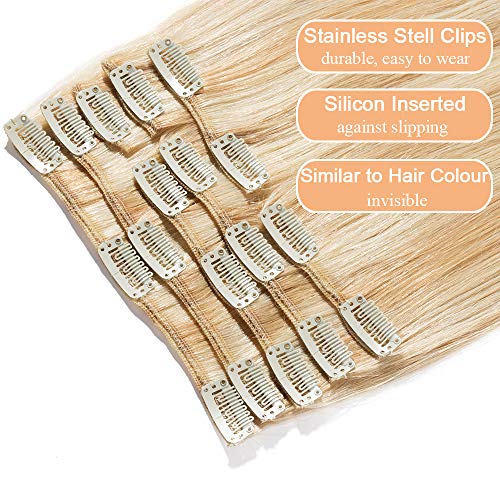 Elailite Extensiones de Pelo Natural con Clip Cabello Humano Liso 8 Piezas 100% Remy Largas Quickclip 25cm (75g) #18P613 Ash Rubio Balayage Rubio Muy Claro