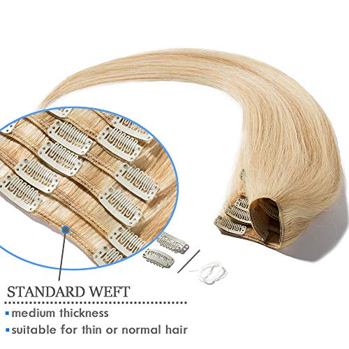 Elailite Extensiones de Pelo Natural con Clip Cabello Humano Liso 8 Piezas 100% Remy Largas Quickclip 25cm (75g) #18P613 Ash Rubio Balayage Rubio Muy Claro