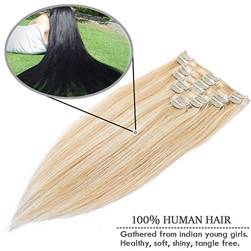 Elailite Extensiones de Pelo Natural con Clip Cabello Humano Liso 8 Piezas 100% Remy Largas Quickclip 25cm (75g) #18P613 Ash Rubio Balayage Rubio Muy Claro