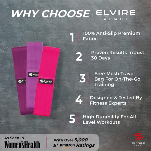 ELVIRE SPORT Bandas Elasticas Musculacion Mujer y Hombre (Set de 3) | Cintas Elasticas Fitness de Tela | Ligas para Ejercicios Gomas Yoga, Pilates, Crossfit, Sentadillas, Fisioterapia