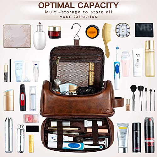 Elviros Bolsa de Aseo de Cuero Resistente al Agua para Hombres, Bolsa de Lavado de Viaje, Kit de Afeitado Dopp para baño, Gimnasio, artículos de tocador y Maquillaje, Negro, 30.5 x 17 x 18 cm