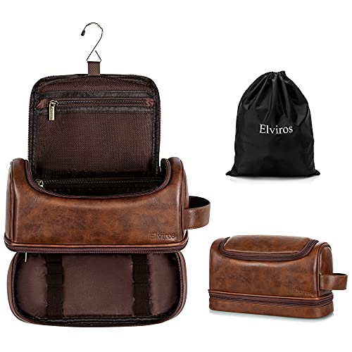 Elviros Bolsa de Aseo de Cuero Resistente al Agua para Hombres, Bolsa de Lavado de Viaje, Kit de Afeitado Dopp para baño, Gimnasio, artículos de tocador y Maquillaje, Negro, 30.5 x 17 x 18 cm