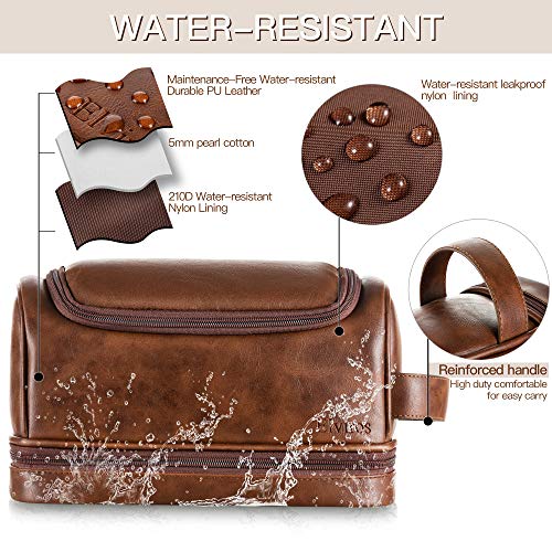 Elviros Bolsa de Aseo de Cuero Resistente al Agua para Hombres, Bolsa de Lavado de Viaje, Kit de Afeitado Dopp para baño, Gimnasio, artículos de tocador y Maquillaje, Negro, 30.5 x 17 x 18 cm