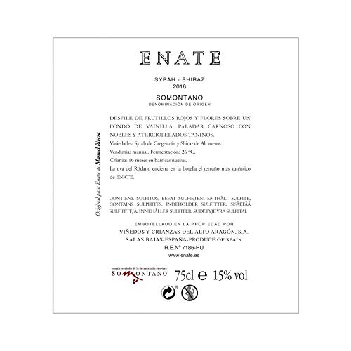 ENATE Syrah -Shiraz- Vino Tinto-D.O. Somontano -75cl- Vino Tinto Muy Cubierto - Paladar Voluptuoso - Taninos Nobles y Aterciopelados - Fermentado en Barrica de Roble Europeo y Americano