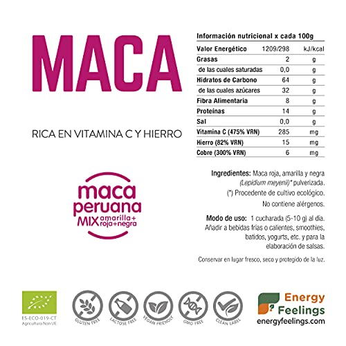Energy Feelings | Maca Andina en Polvo Ecológica Peruana | Maca Mixta: Roja, Negra y Amarilla | Nutrición Deportiva | Vegana | Sin Gluten | 500g