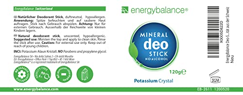 EnergyBalance Deo-Stick cristal 120g sin aluminio (cloruros de aluminio) | Para hombres y mujeres | Sin olor | Desodorante | Calidad de marca desde Suiza