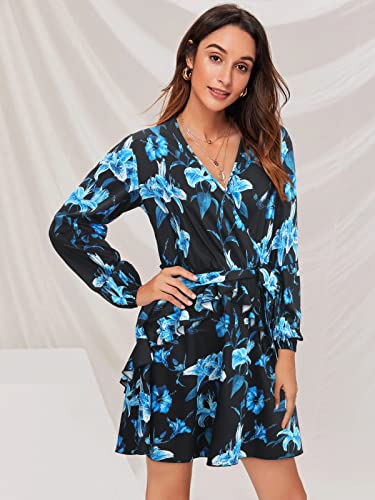 Enmain Negra Mini Floral Vestido de Manga Larga Vestido Mujer de Túnica Floral Volante Vestidos con Cinturón