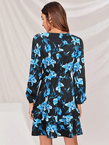 Enmain Negra Mini Floral Vestido de Manga Larga Vestido Mujer de Túnica Floral Volante Vestidos con Cinturón
