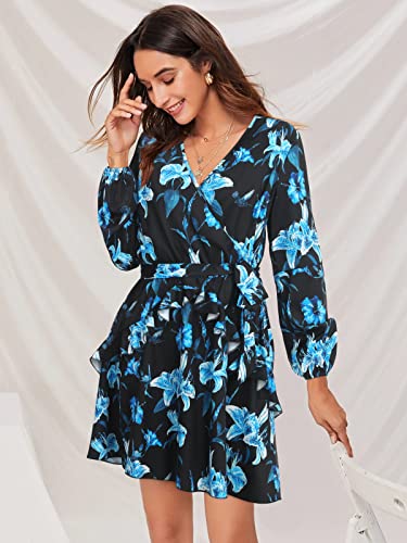 Enmain Negra Mini Floral Vestido de Manga Larga Vestido Mujer de Túnica Floral Volante Vestidos con Cinturón