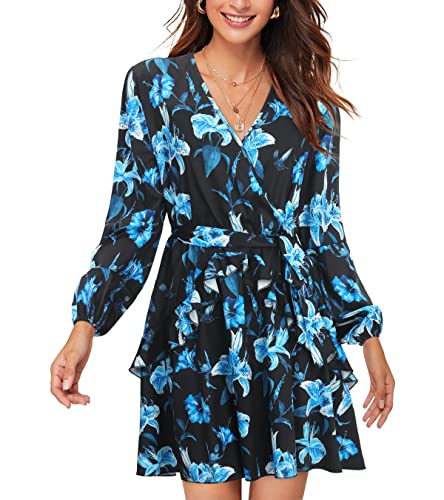 Enmain Negra Mini Floral Vestido de Manga Larga Vestido Mujer de Túnica Floral Volante Vestidos con Cinturón