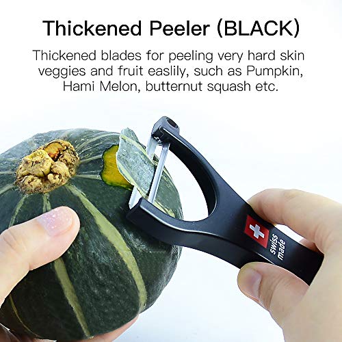Eozoe Pelador recto suizo original, pelador grueso de acero inoxidable en forma de Y para pelar frutas y verduras muy duras – patata, calabaza, hami melón y más (1 unidad, espesado, negro)