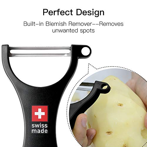 Eozoe Pelador recto suizo original, pelador grueso de acero inoxidable en forma de Y para pelar frutas y verduras muy duras – patata, calabaza, hami melón y más (1 unidad, espesado, negro)