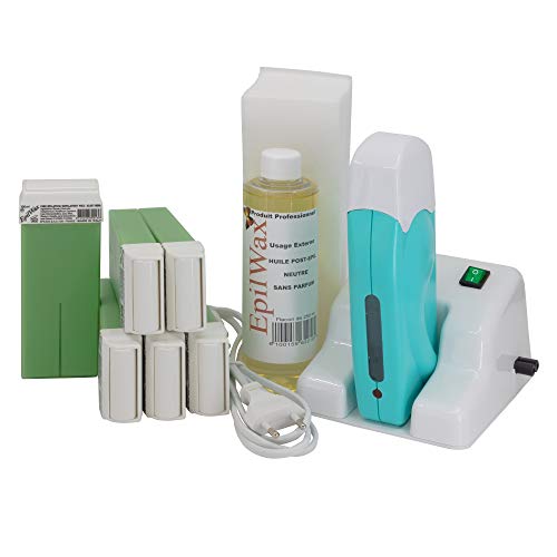 Epilwax Completa Kit Depilazione con Cera de aloe vera con Base Modulare - Incluye 6 Cartuchos de Cera Roll On Recambiables, Calentador De Cera Roll On, 100 Tiras y Aceite de Depilación