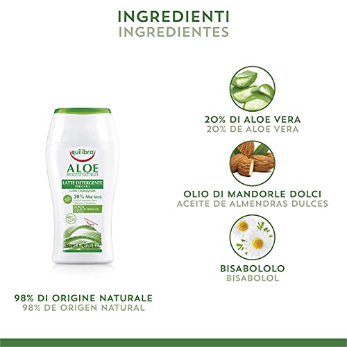 Equilibra Cuidado Facial, Leche Limpiadora Delicada a Base de Aloe Vera, Adecuada para Pieles Sensibles, Desmaquillante Facial, Hidratante, Calma y Equilibra la Piel, 200 ml