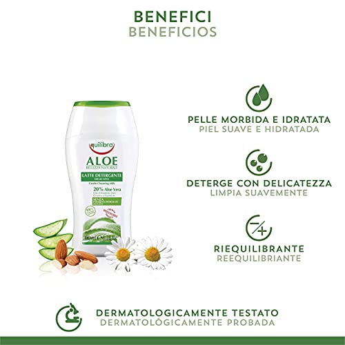 Equilibra Cuidado Facial, Leche Limpiadora Delicada a Base de Aloe Vera, Adecuada para Pieles Sensibles, Desmaquillante Facial, Hidratante, Calma y Equilibra la Piel, 200 ml