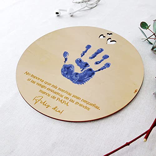 ES - PADRE Recuerdo Madera Huella Bebé Día del Padre o Cumpleaños. Regalo para Papá Primerizo. Recuerdo para Colgar en Madera circular con 20cm de diámetro. Regalo Dia del Padre cumpleaños hombre Bebe