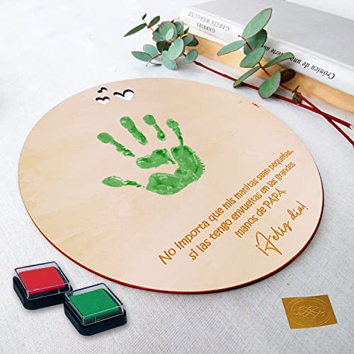 ES - PADRE Recuerdo Madera Huella Bebé Día del Padre o Cumpleaños. Regalo para Papá Primerizo. Recuerdo para Colgar en Madera circular con 20cm de diámetro. Regalo Dia del Padre cumpleaños hombre Bebe