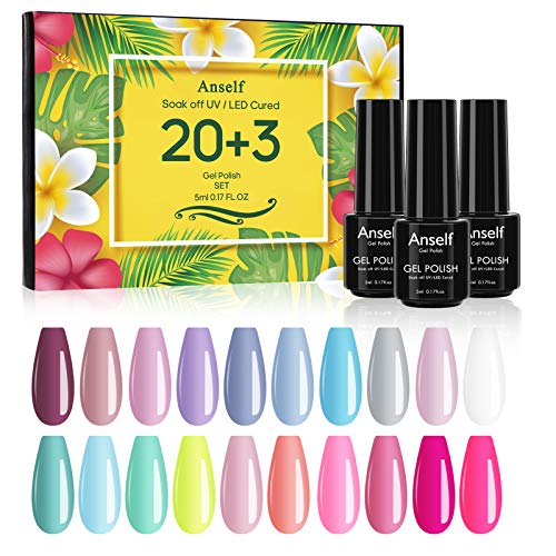Esmaltes Semipermanentes 23 color Soak Off Gel Nail Polish Set + Capa Base + Capa Superior + Capa Superior Mate Juego de Esmalte de Gel de Manicura Geles(Type 2)
