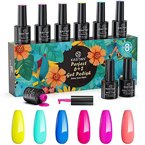 Esmaltes Semipermanentes, Kastiny 8PCS Dulces de Verano Colección Pintauñas Semipermanente con Base, Capa Superior Brillante, Uñas Gel UV LED para Verano Viaje y Carnaval
