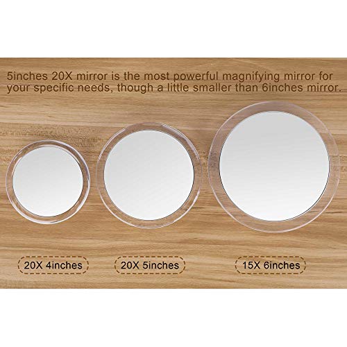 Espejo de aumento 20X con tres ventosas, uso para aplicación de maquillaje, pinzas y eliminación de puntos negros/imperfecciones,12.5cm,Transparente