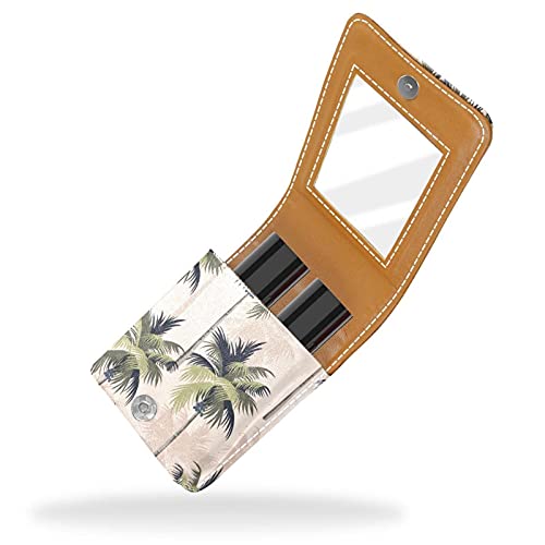 Estuche de lápiz labial para palmeras tropicales vintage para monedero, mini bolsa de lápiz labial, bolsa de cosméticos de viaje con espejo para mujer toma hasta 3 pintalabios