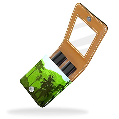 Estuche exterior para lápiz labial con diseño de palmera de bosque tropical, para monedero, bolsa de cosméticos de viaje con espejo para mujer, lleva hasta 3 pintalabios