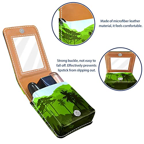 Estuche exterior para lápiz labial con diseño de palmera de bosque tropical, para monedero, bolsa de cosméticos de viaje con espejo para mujer, lleva hasta 3 pintalabios