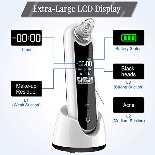EUNON Limpiador de Poros Succionador de Puntos Negros Limpiador Facial Blackhead Remover Extractor Puntos Negros USB Recargable con Pantalla Grande 4 Cabezales