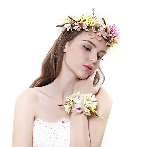 Ever Fairy Nunca hada® Mujer Niña corona de flores corona flores diadema con banda de muñeca conjunto para boda beige talla única
