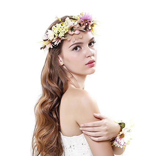 Ever Fairy Nunca hada® Mujer Niña corona de flores corona flores diadema con banda de muñeca conjunto para boda beige talla única