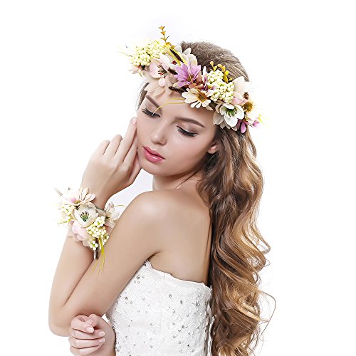Ever Fairy Nunca hada® Mujer Niña corona de flores corona flores diadema con banda de muñeca conjunto para boda beige talla única