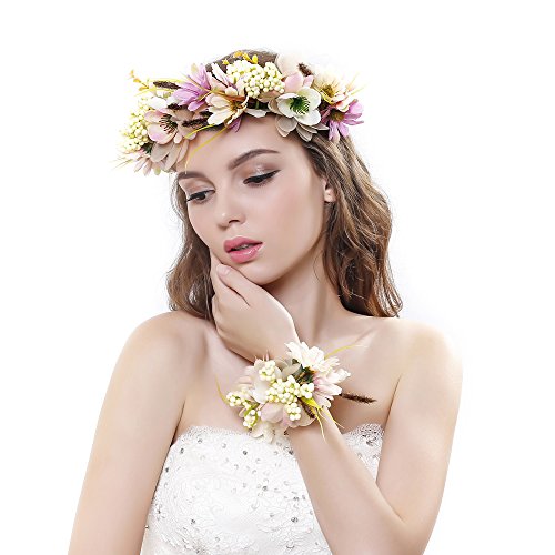 Ever Fairy Nunca hada® Mujer Niña corona de flores corona flores diadema con banda de muñeca conjunto para boda beige talla única