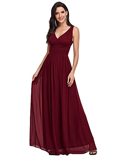 Ever-Pretty A-línea Largo Vestido de Noche Corte Imperio Cuello en V sin Mangas para Mujer Borgoña 36
