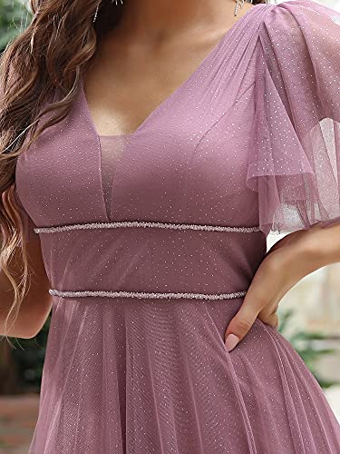 Ever-Pretty Vestido de Fiesta de Dama de Honor Largo para Mujer Escote en V Manga Corta Tul Corte Imperio Orquídea 50