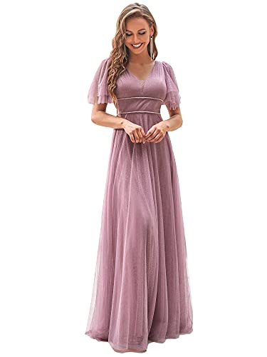 Ever-Pretty Vestido de Fiesta de Dama de Honor Largo para Mujer Escote en V Manga Corta Tul Corte Imperio Orquídea 50