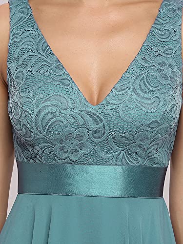 Ever-Pretty Vestidos de Fiesta para Mujer Corte Imperio Escote en V A-línea con Encaje Gasa Vestido de Noche Azul Polvoriento 38