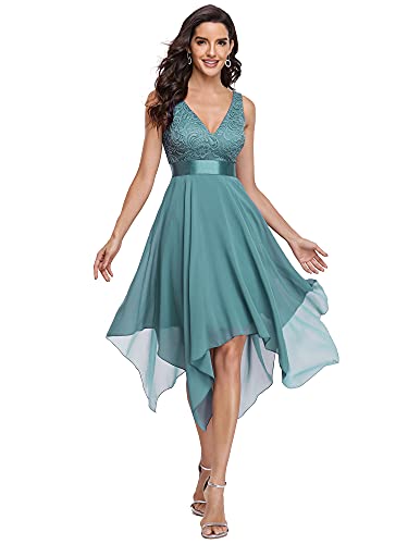 Ever-Pretty Vestidos de Fiesta para Mujer Corte Imperio Escote en V A-línea con Encaje Gasa Vestido de Noche Azul Polvoriento 38