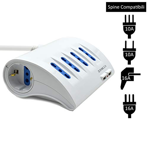 Ewent EW3934 - Regleta de 6 Tomas 4 Bipasso y 2 Shuko - 2 Puertos USB - Enchufe Múltiple - Cable 2 m - Interruptor Luminoso - Color Blanco - Medidas 11.5 x 13 x 5.5 cm - Enchufe Italiano 16A